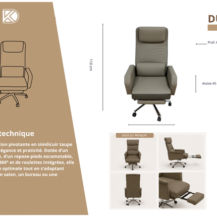 DUKE - Chaise de relaxation avec repose-pieds et roulettes
