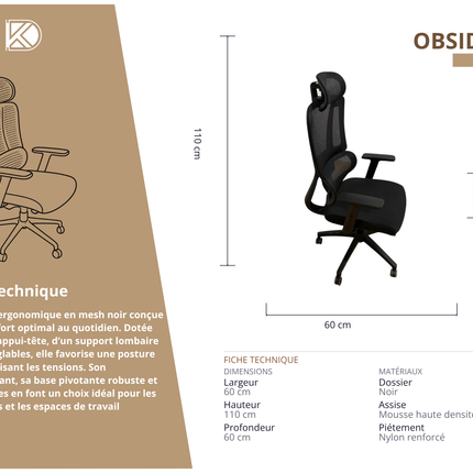 OBSIDIAN - Chaise de bureau ergonomique en mesh noir
