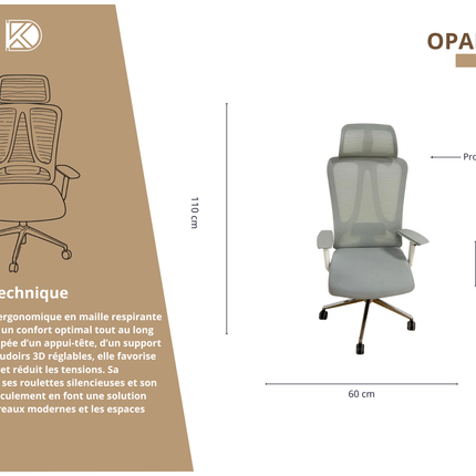 OPALINE - Chaise de bureau ergonomique en maille avec roulettes