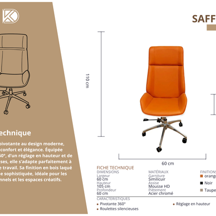 SAFFRON - Chaise de bureau moderne pivotante avec des roulettes