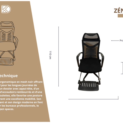 ZÉNITH - Chaise de bureau ergonomique en mesh noir